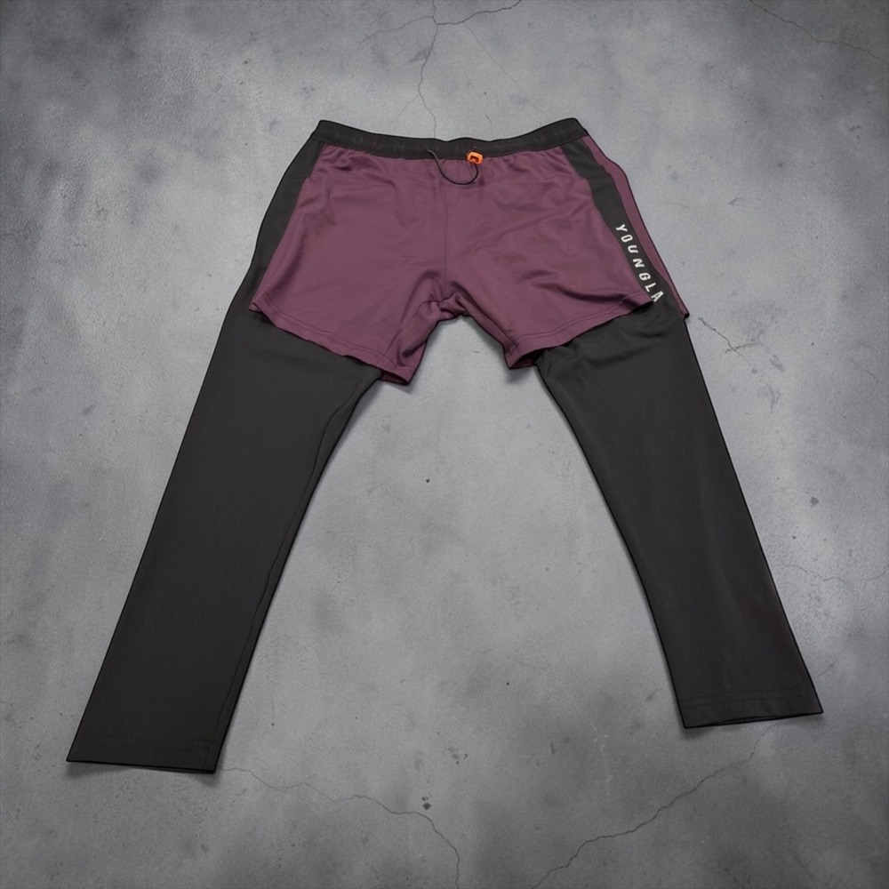 YoungLA  Mens 2-in-1 Hybrid Size Med Training Pants Plum Black Gym Activewear